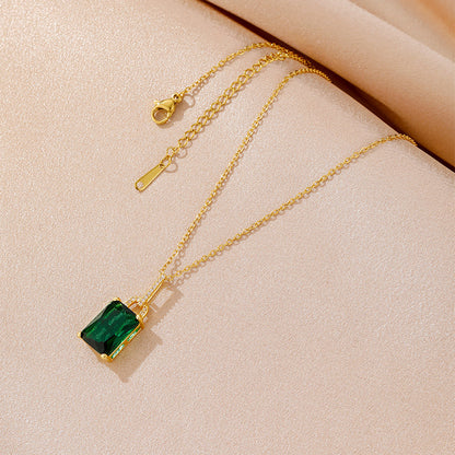 French Copper Vintage Court Style New Fashion Square Emerald Pendant Necklace Female Accessories Clavicle Chain High Sense