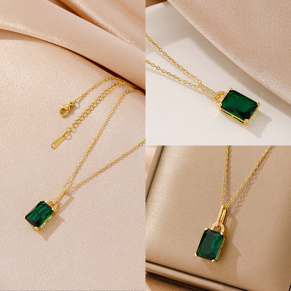 French Copper Vintage Court Style New Fashion Square Emerald Pendant Necklace Female Accessories Clavicle Chain High Sense