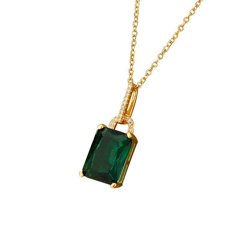 French Copper Vintage Court Style New Fashion Square Emerald Pendant Necklace Female Accessories Clavicle Chain High Sense